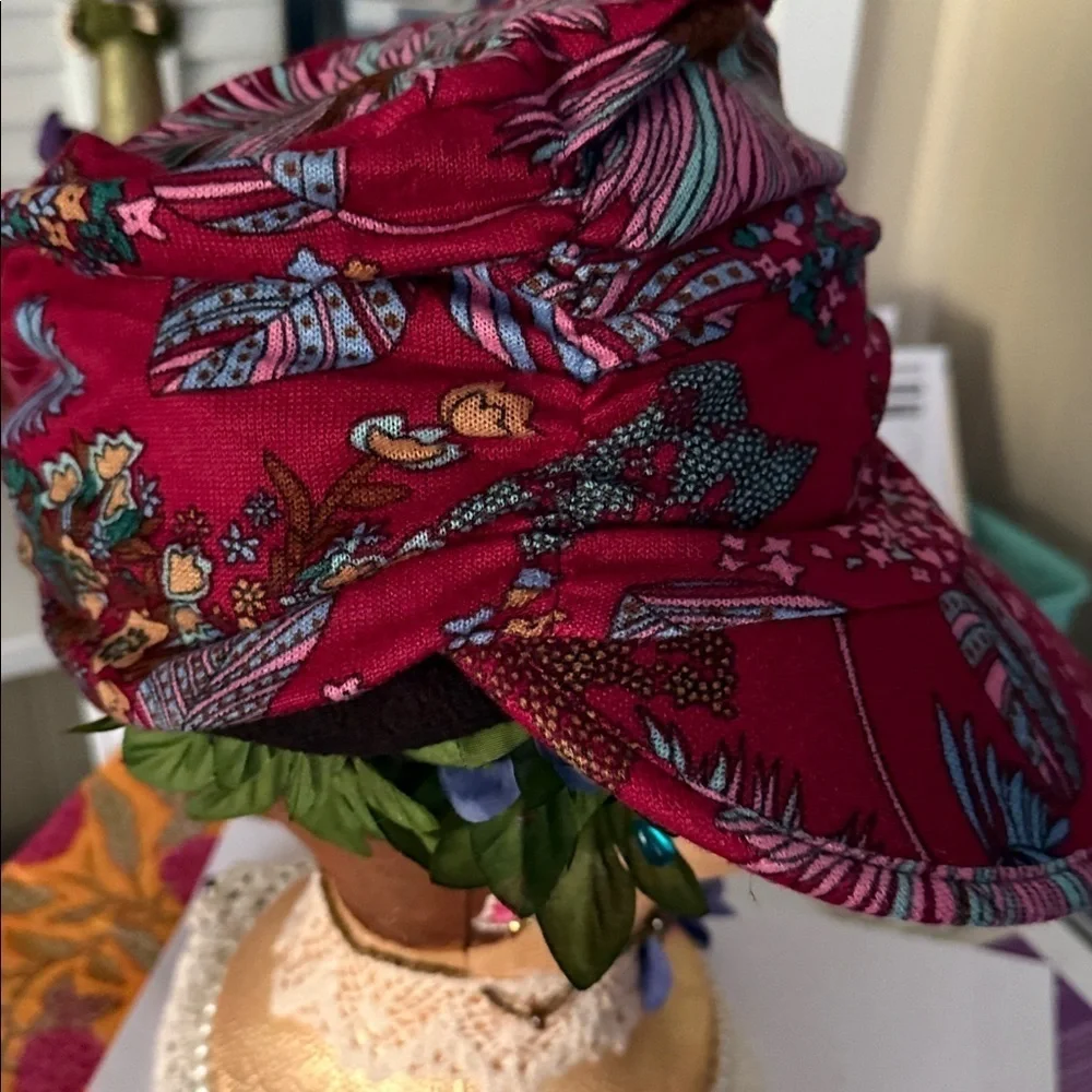 Hat Deep Red Floral Print Newsboy Peaked Cap OS